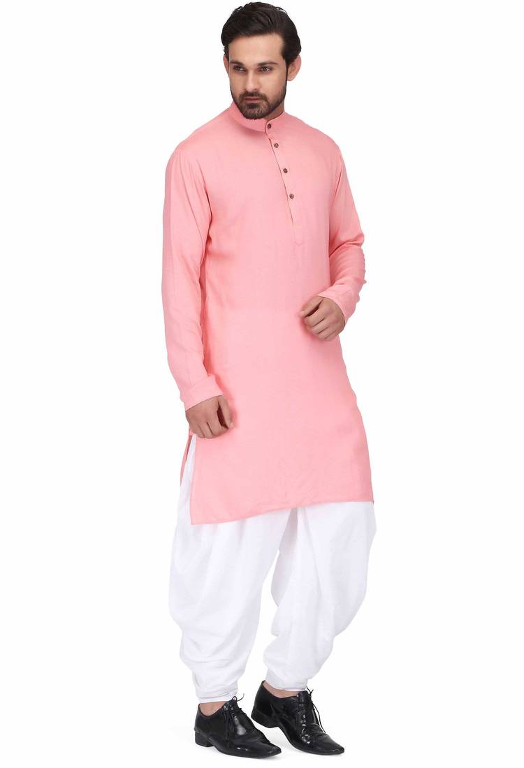 Pink rayon kurta with white cotton dhoti style salwar