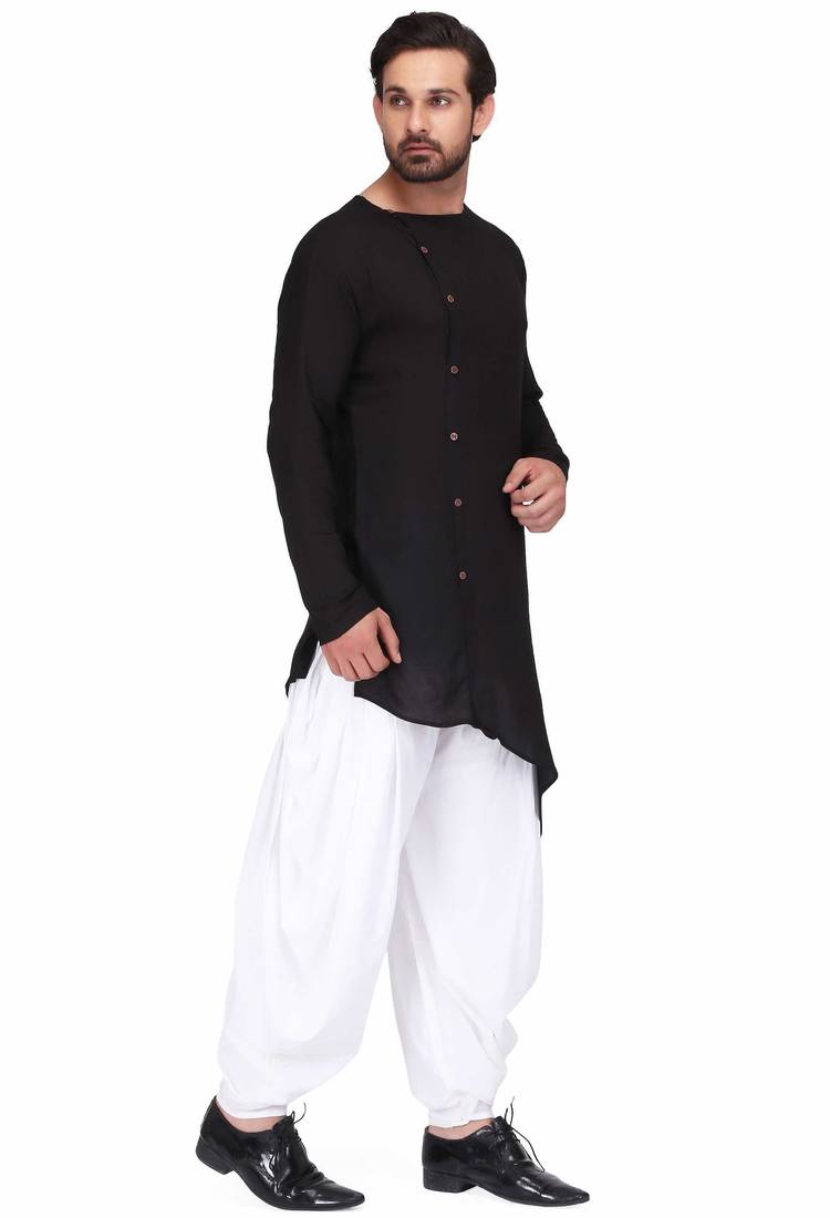 Black rayon kurta with white cotton dhoti style salwar