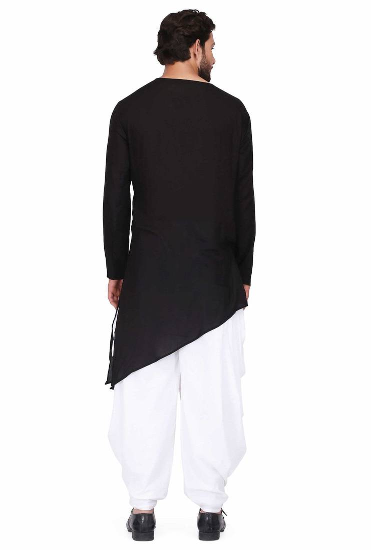 Black rayon kurta with white cotton dhoti style salwar