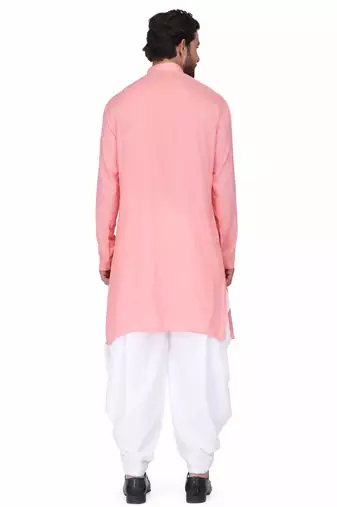Pink rayon kurta with white cotton dhoti style salwar