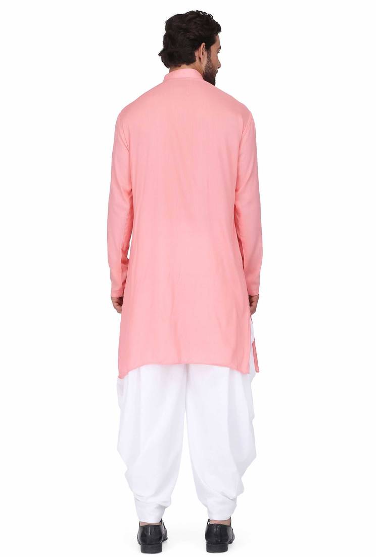 Pink rayon kurta with white cotton dhoti style salwar