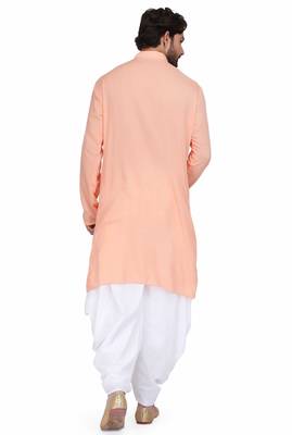 Peach rayon kurta paired with white cotton dhoti style salwar 3