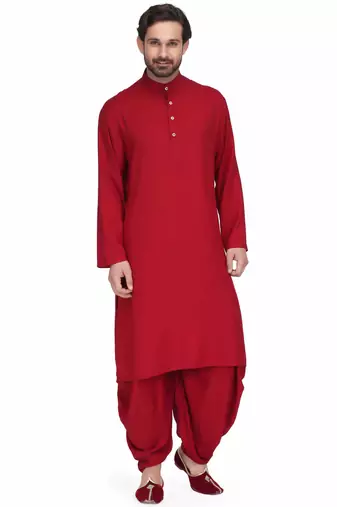 Maroon rayon kurta paired with maroon rayon dhoti style salwar