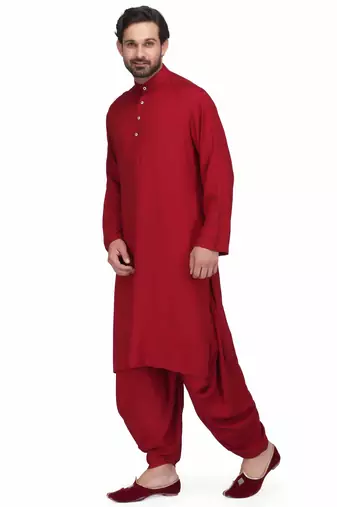 Maroon rayon kurta paired with maroon rayon dhoti style salwar