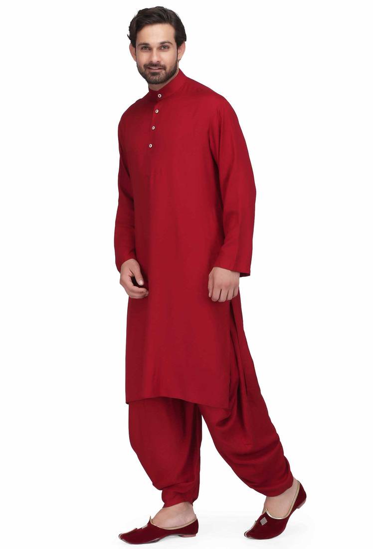 Maroon rayon kurta paired with maroon rayon dhoti style salwar