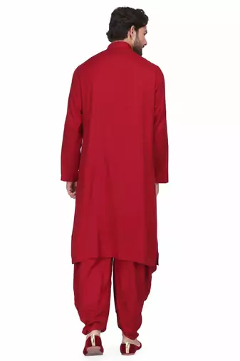 Maroon rayon kurta paired with maroon rayon dhoti style salwar