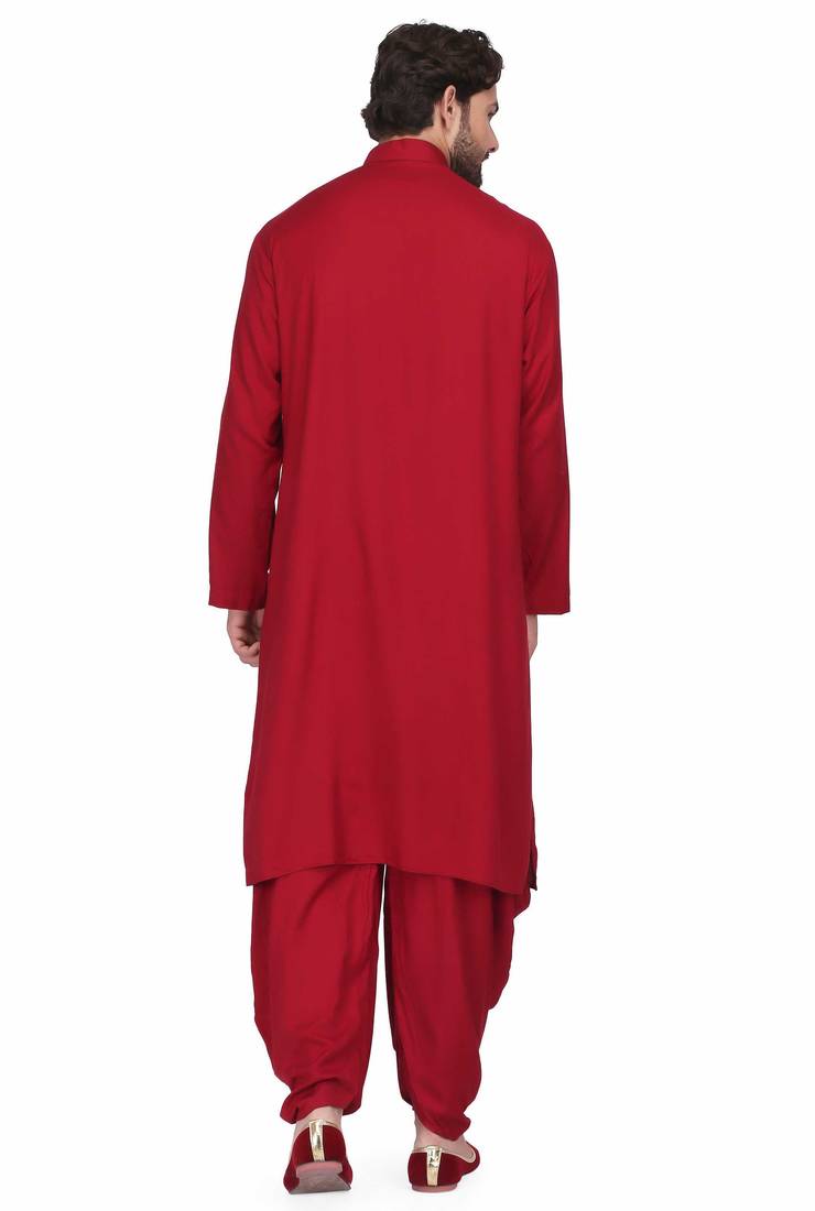 Maroon rayon kurta paired with maroon rayon dhoti style salwar