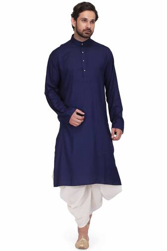 Blue rayon kurta paired with white cotton dhoti style salwar