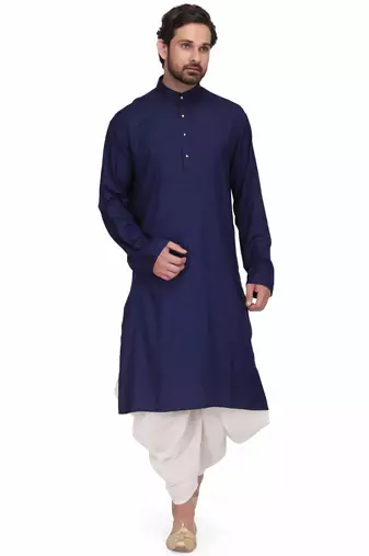 Blue rayon kurta paired with white cotton dhoti style salwar
