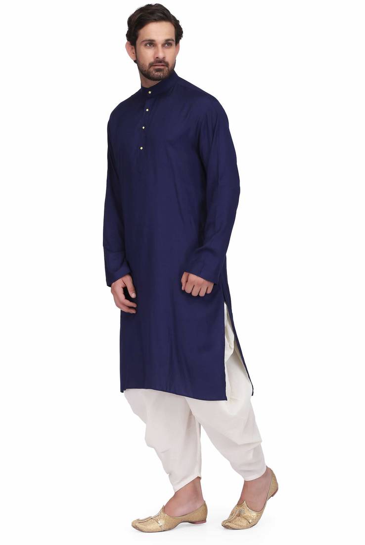 Blue rayon kurta paired with white cotton dhoti style salwar