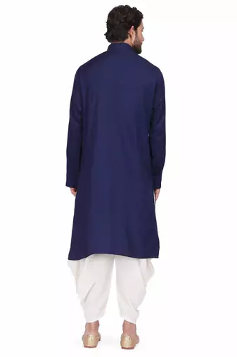 Blue rayon kurta paired with white cotton dhoti style salwar