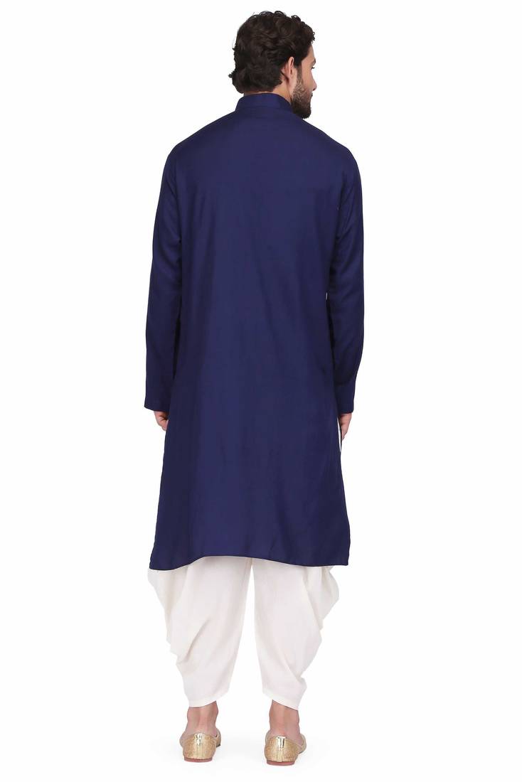 Blue rayon kurta paired with white cotton dhoti style salwar