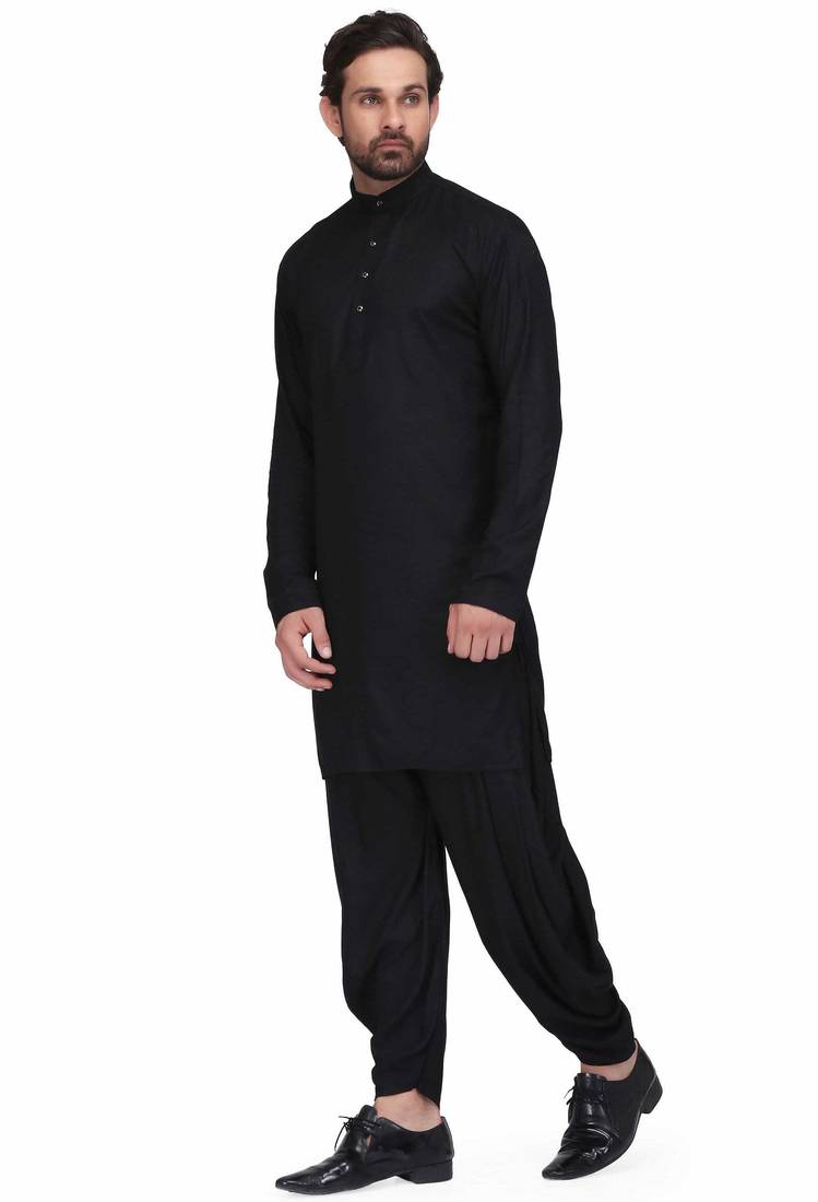 Black rayon kurta paired with rayon dhoti style salwar