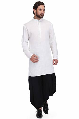 White cotton kurta paired with black rayon dhoti style salwar