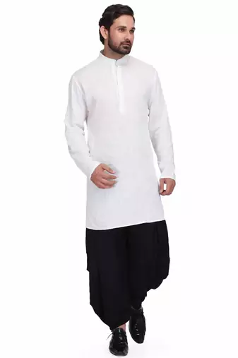 White cotton kurta paired with black rayon dhoti style salwar