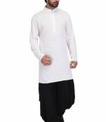 White cotton kurta paired with black rayon dhoti style salwar