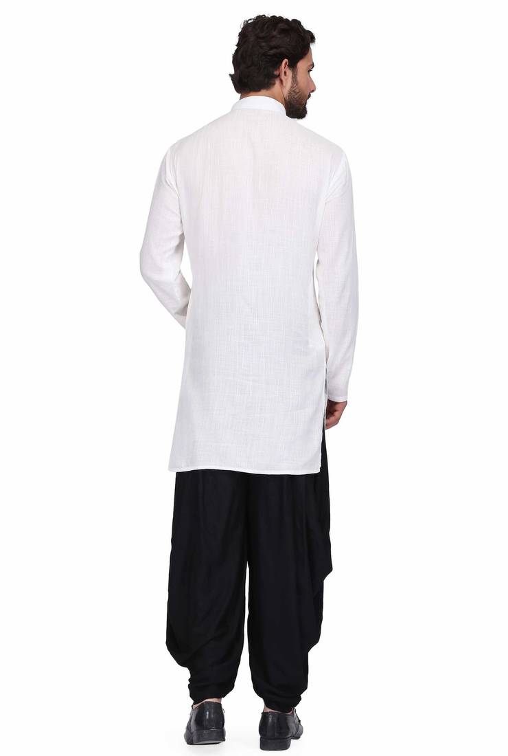 White cotton kurta paired with black rayon dhoti style salwar