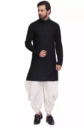 Black rayon kurta paired with white cotton dhoti style salwar