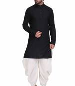 Black rayon kurta paired with white cotton dhoti style salwar