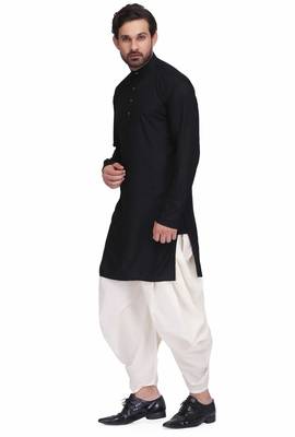 Black rayon kurta paired with white cotton dhoti style salwar 2
