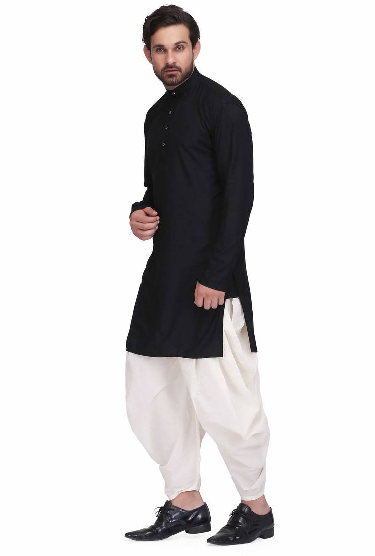 Black rayon kurta paired with white cotton dhoti style salwar