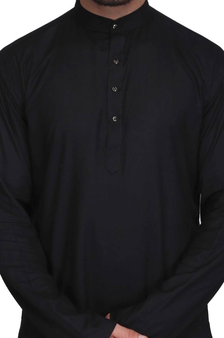 Black rayon kurta paired with white cotton dhoti style salwar