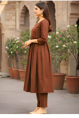 Women's Long Flared V-Neck with Button Details Anarkali shape Empire Waist,Kurta Pant Set 2