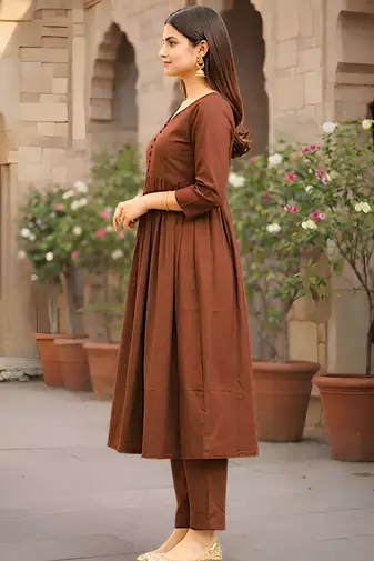 Women's Long Flared V-Neck with Button Details Anarkali shape Empire Waist,Kurta Pant Set