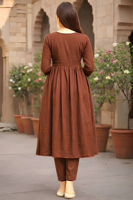 Women's Long Flared V-Neck with Button Details Anarkali shape Empire Waist,Kurta Pant Set 3