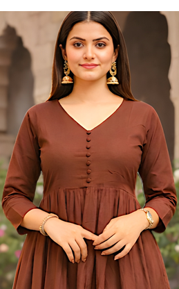 Women's Long Flared V-Neck with Button Details Anarkali shape Empire Waist,Kurta Pant Set 4