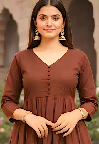 Women's Long Flared V-Neck with Button Details Anarkali shape Empire Waist,Kurta Pant Set
