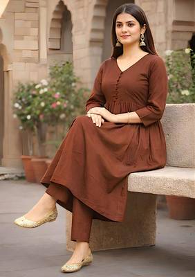 Women's Long Flared V-Neck with Button Details Anarkali shape Empire Waist,Kurta Pant Set 6