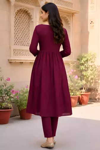 Women's Long Flared V-Neck with Button Details Anarkali shape Empire Waist,Kurta Pant Set