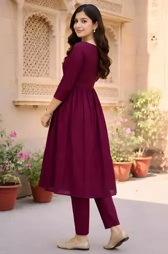 Women's Long Flared V-Neck with Button Details Anarkali shape Empire Waist,Kurta Pant Set