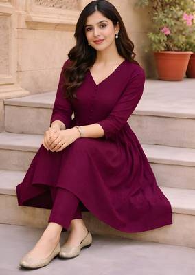 Women's Long Flared V-Neck with Button Details Anarkali shape Empire Waist,Kurta Pant Set 5