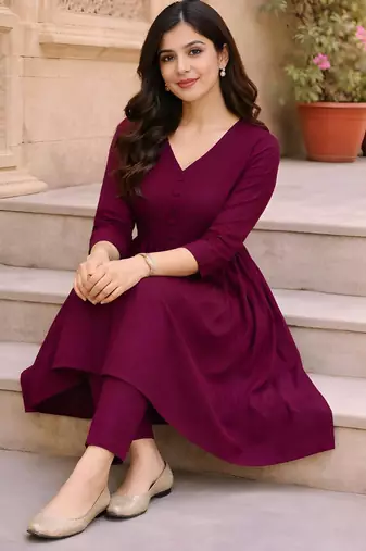 Women's Long Flared V-Neck with Button Details Anarkali shape Empire Waist,Kurta Pant Set