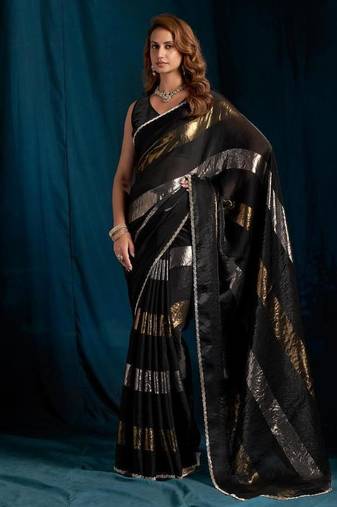 Black color satin silk with foil patta & zircon handwork border saree