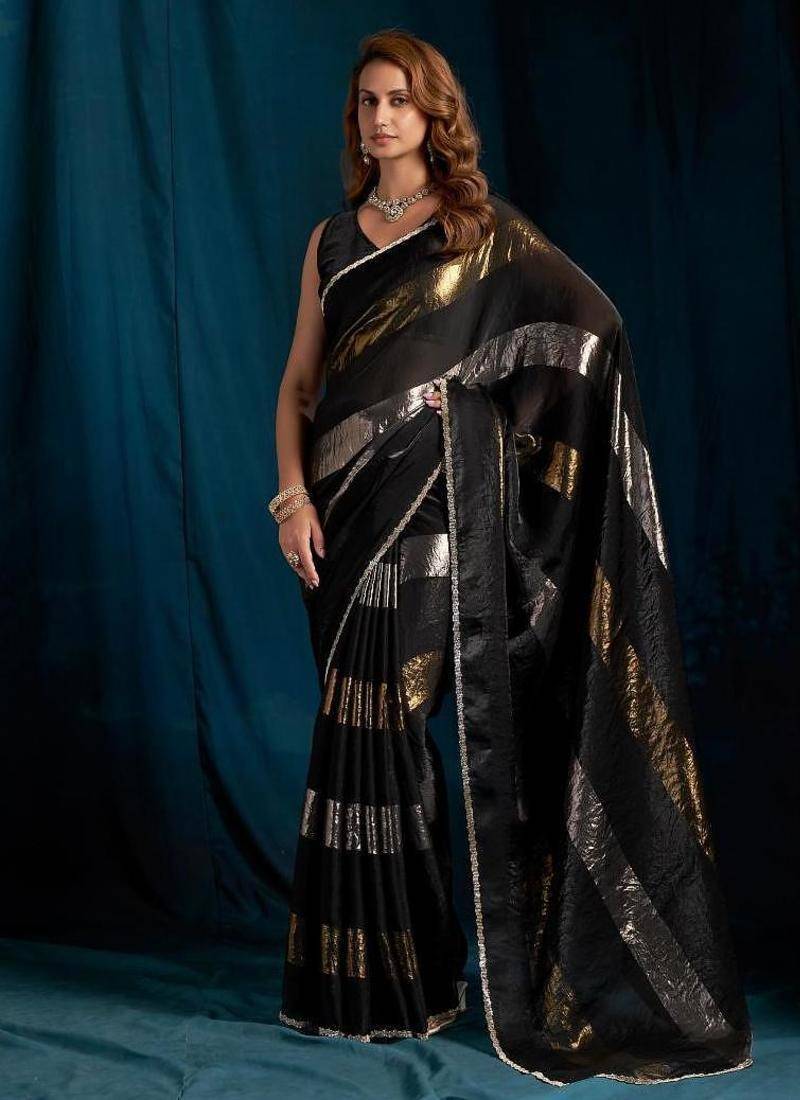 Black color satin silk with foil patta & zircon handwork border saree