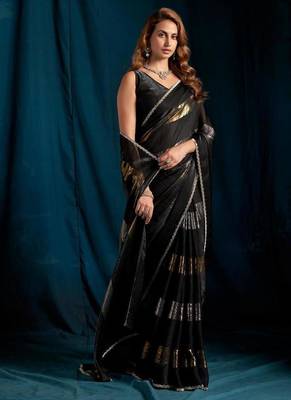 Black satin silk blend with foil patta & zircon handwork border saree 2