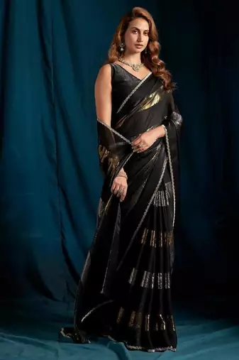 Black color satin silk with foil patta & zircon handwork border saree