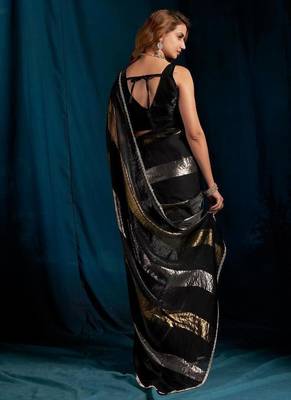 Black satin silk blend with foil patta & zircon handwork border saree 3