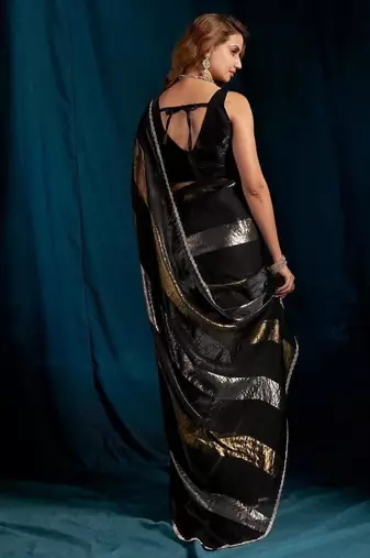 Black color satin silk with foil patta & zircon handwork border saree
