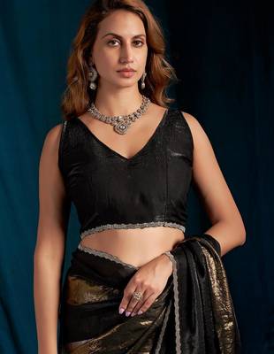 Black satin silk blend with foil patta & zircon handwork border saree 4