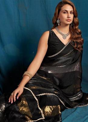 Black satin silk blend with foil patta & zircon handwork border saree 5