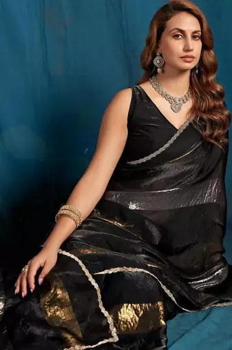 Black color satin silk with foil patta & zircon handwork border saree