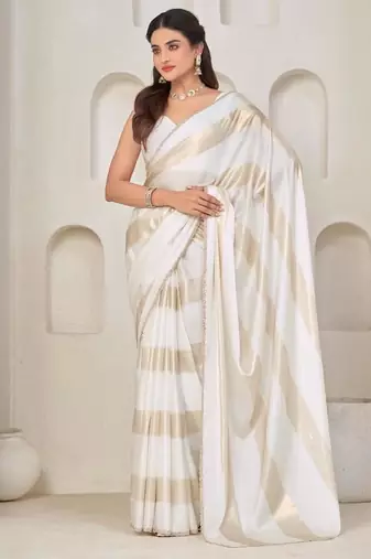 White color satin silk with foil patta & zircon handwork border saree