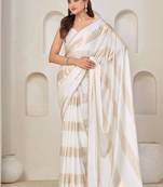 White color satin silk blend with foil patta & zircon handwork border saree