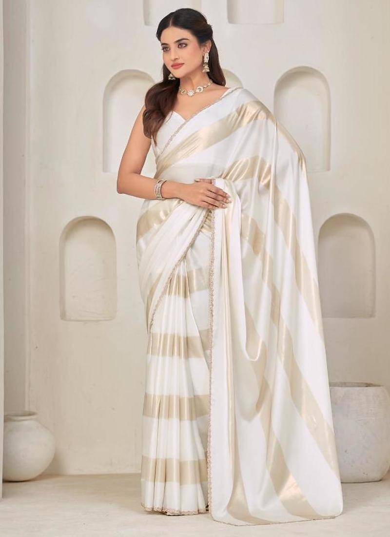 White color satin silk with foil patta & zircon handwork border saree