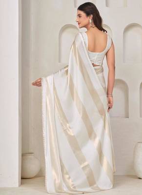 White color satin silk blend with foil patta & zircon handwork border saree 2