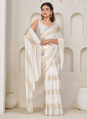 White color satin silk blend with foil patta & zircon handwork border saree 3